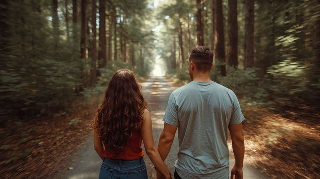Couple walking hand-in-hand along sunlit pine trail with dappled light and forest canopy