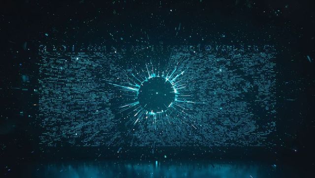 Pulsing teal digital core emitting radial light spikes over data matrix reflection