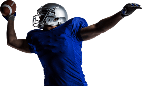 American football player throwing transparent ball in dark studio