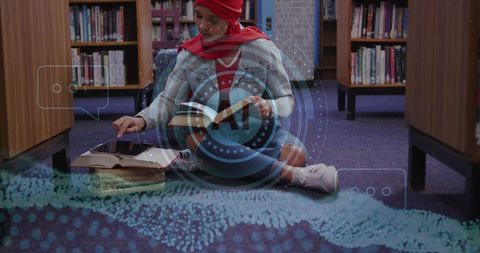Female Student Reading in Library with Digital AI Overlay - Download Free Stock Images Pikwizard.com