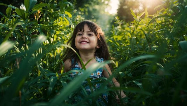 Joyful girl exploring sunlit meadow