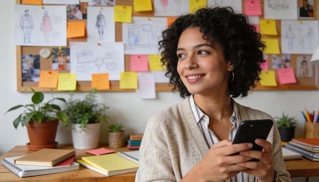 Smiling woman holding smartphone planning creative projects in cozy studio with corkboard