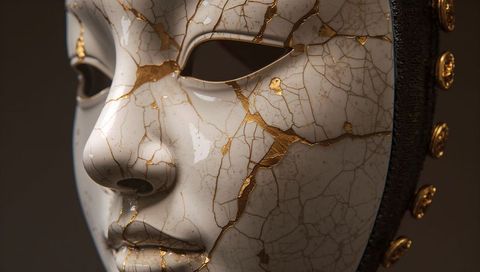 Porcelain mask showing kintsugi gold repairs close-up, cracked ceramic face detail