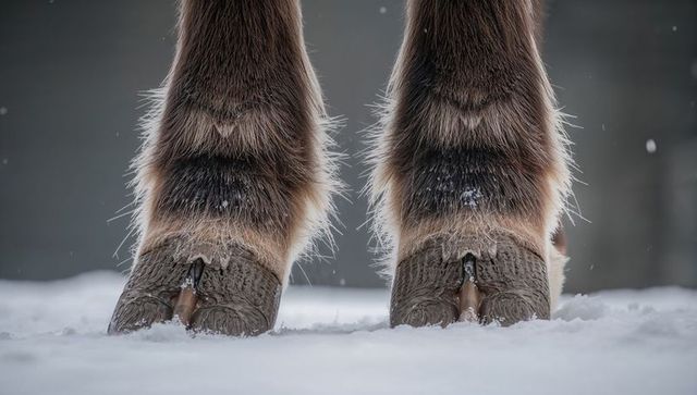 Horse hooves standing in snow with frosted lower legs and exposed horseshoe nails