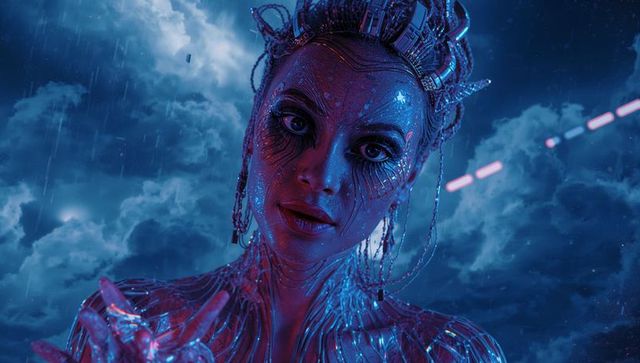 Futuristic Female Cyborg with Bioluminescent Circuitry under Neon Sky