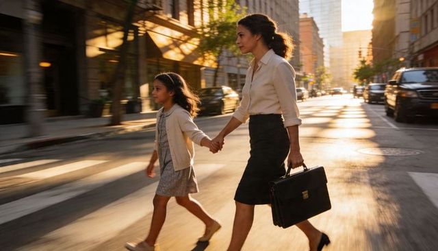 Professional mother and daughter walking across downtown street during golden hour commute