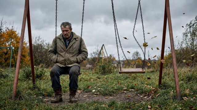 Solitary Senior Man Sitting on Swing in Overgrown Rural Playground, Autumn Leaves and Melancholy