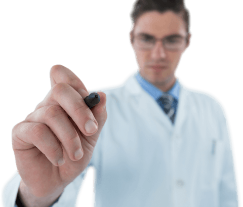 Transparent background doctor writing on virtual screen