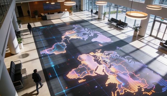 Futuristic led world map floor in modern corporate atrium featuring reception and lobby