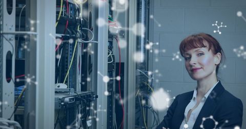 Confident Woman in Data Center with Molecular Graphics Overlay - Download Free Stock Images Pikwizard.com