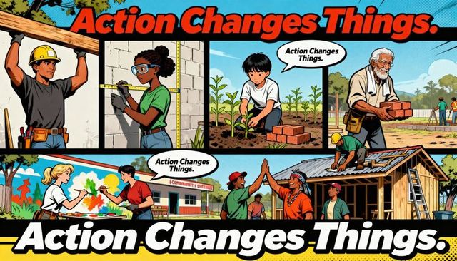 Community Volunteers Building, Planting, Painting Together in Colorful Comic Style Banner