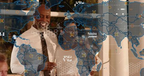 Smiling couple embracing at formal gala with global digital map overlay