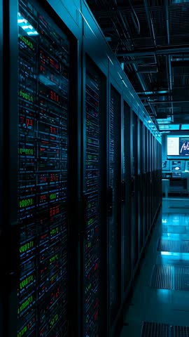 Gliding camera inspecting illuminated server racks in data center vertical video for tech scenes