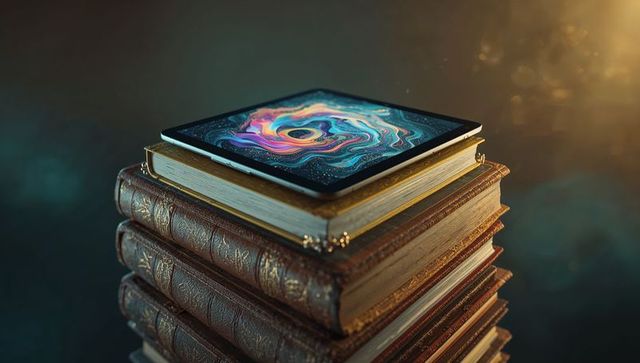 Tablet displaying galaxy art on vintage book stack in dimly lit room