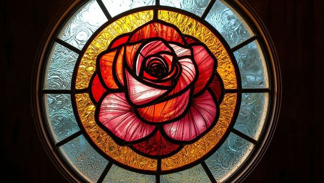 Vibrant stained glass rose window in wooden frame