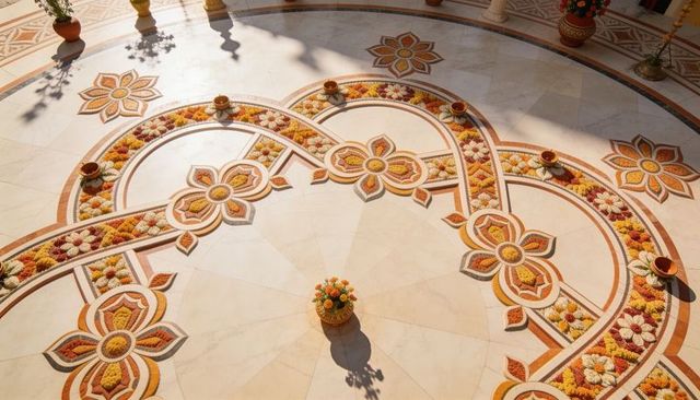 Sunlit marble rangoli with marigold petal mosaic, earthen diyas and floral symmetry