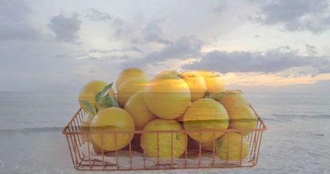 Ripe Oranges in Basket with Beach Sunset Double Exposure