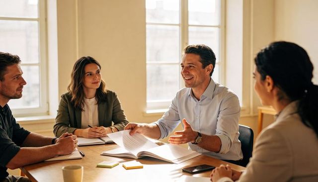 Business team discussing project around conference table with smiling leader presenting