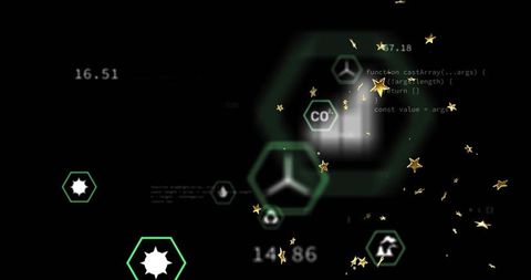 Neon hexagon hud interface with floating gold particles and futuristic tech elements