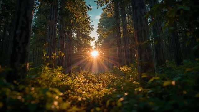 Sunburst Streaming Through Forest Canopy Illuminating Golden Woodland Clearing