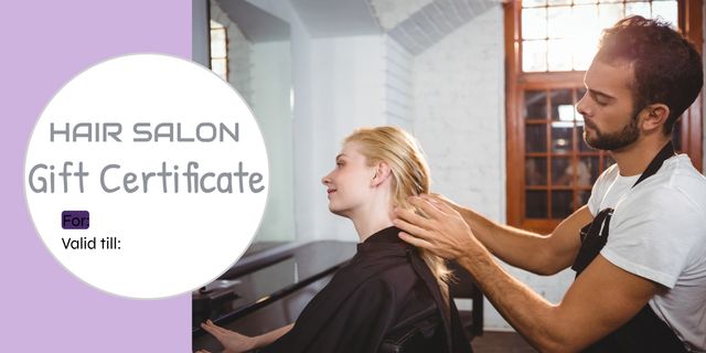 Composite of hair salon gift certificate text over caucasian male hairdresser with female clients. Hairdressing, hair and beauty and gift certificate offers concept digitally generated image.