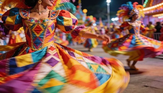Carnival dancers spinning in colorful patchwork dresses under glowing lights during nighttime parade