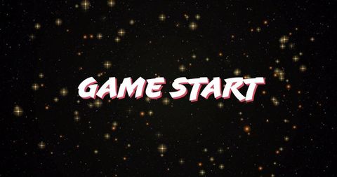 Stylized 'game start' text over cosmic starry background