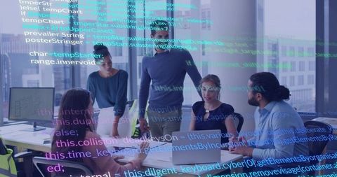 Tech Team Collaborating Over Laptop Code Review and Agile Work in Modern Office City View