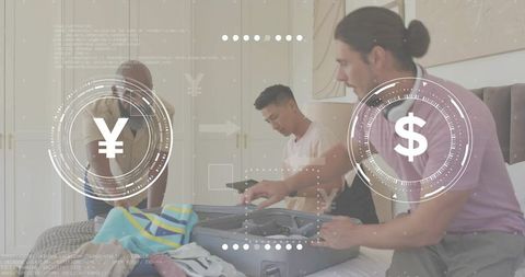 Packing for International Trip: Men Collaborating with Tablet and Currency HUD Overlay