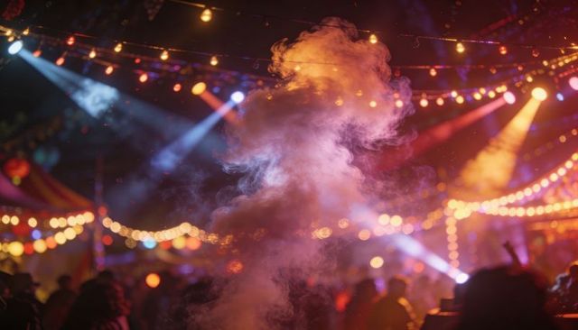 Colored smoke plume rising through festive night market lights and concert atmosphere