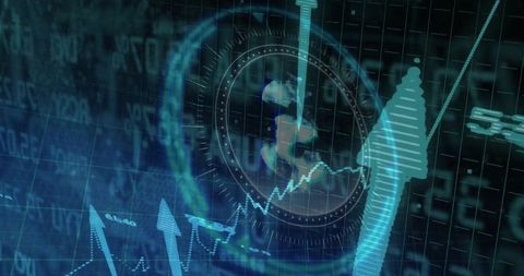 Futuristic HUD Data Visualization with Globe, Jagged Line Chart and Rising Cyan Arrows