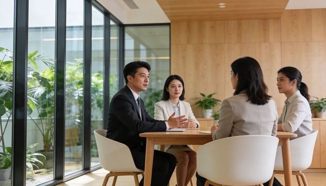 Executive leading team meeting in modern glass boardroom with collaborative professionals