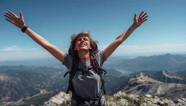 Young hiker celebrating summit triumph on alpine ridge with panoramic mountain lake views