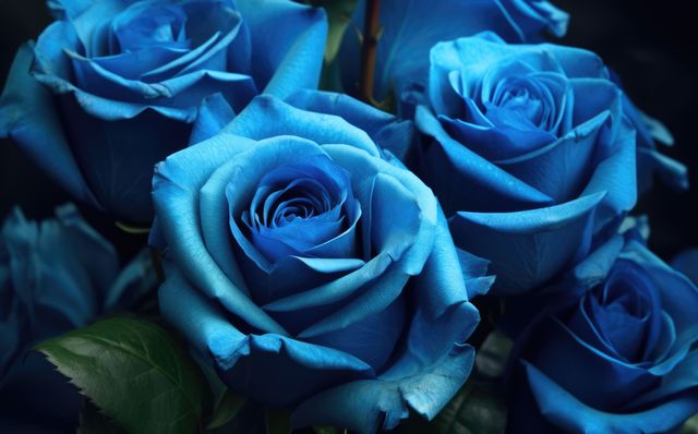 Vivid blue roses blooming, showcasing detailed petals and lush leaves. Perfect for romantic themes, nature articles, floral businesses, or as decorative prints.