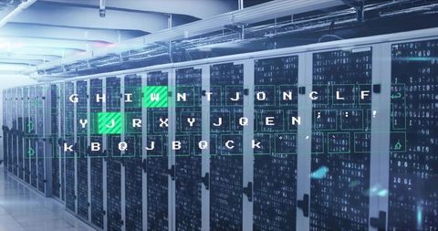 Futuristic Data Center Corridor with digital overlay and Server Racks