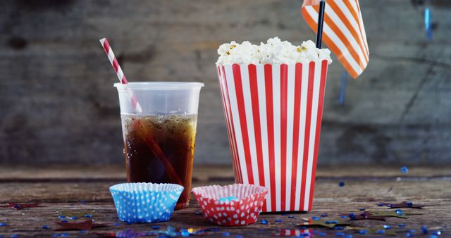 Popcorn in a red and white striped container next to a cup of soda with a red striped straw. The festive paper cupcake holders and confetti add to the party atmosphere. Ideal for illustrating celebrations, parties, movie night themes, or carnival events.