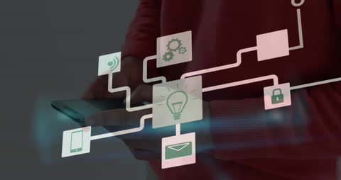 Digital Interface Animation Overlaying Man Typing on Keyboard