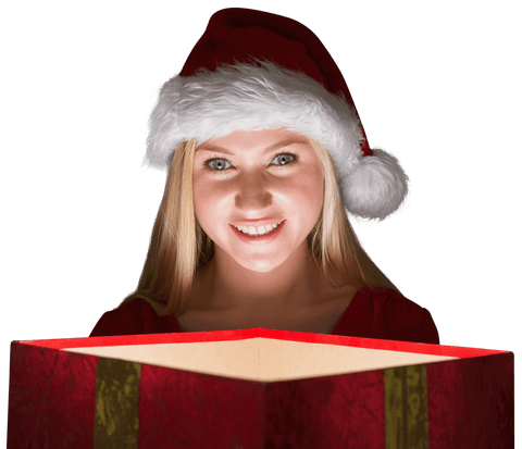 Smiling woman in santa hat holding transparent christmas gift box