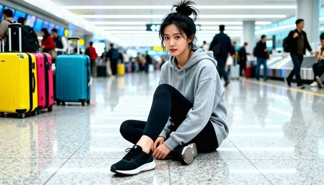 Young woman tying sneaker sitting on airport floor near colorful luggage in busy terminal
