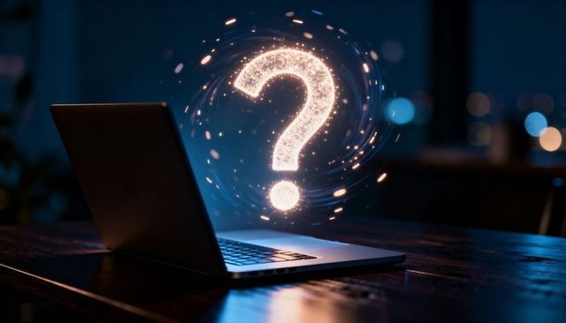 Holographic question mark hovering above laptop keyboard at night, futuristic tech concept
