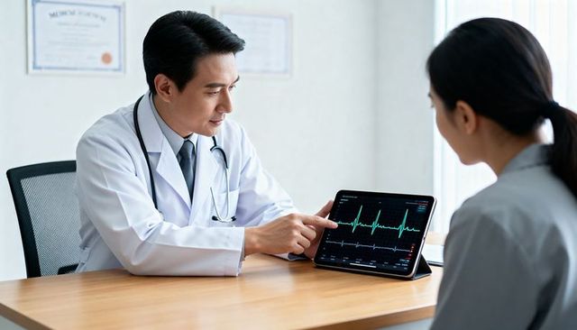 Physician explaining ecg waveform on tablet to patient during cardiovascular consultation