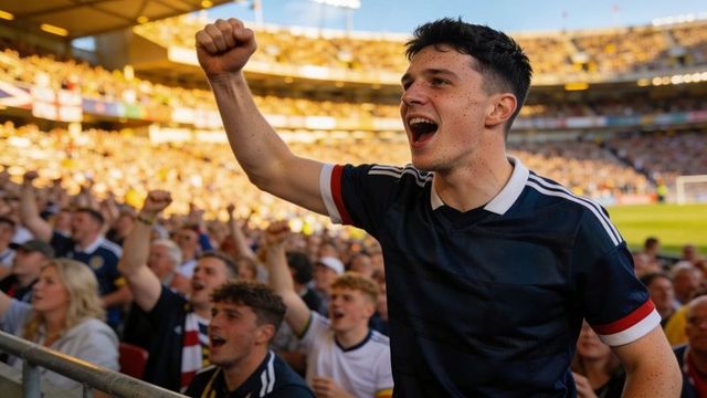 Young male soccer fan cheering passionately, fist raised, stadium crowd, golden hour energy