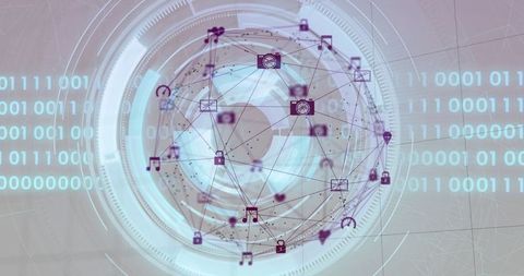 3d network sphere with digital icons on futuristic interface