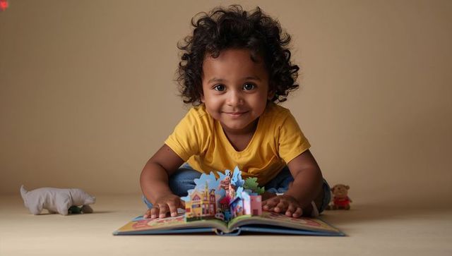 Curious toddler reading pop-up book on warm beige background, playful learning and imagination