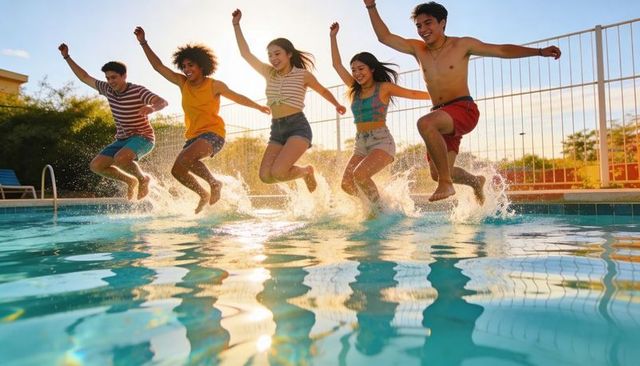Group of friends jumping into backyard pool at sunset splashing water and laughing