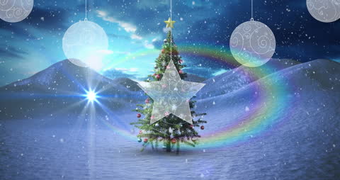 Festive Christmas Tree with Falling Snow and Rainbow Glare