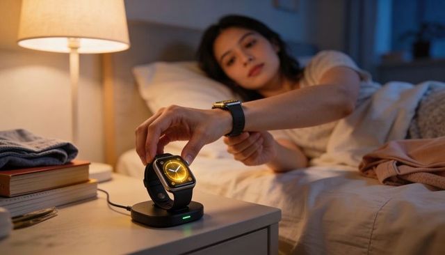 Asian woman reaching to pick up smartwatch from bedside charging dock in cozy night bedroom