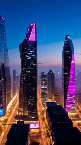 Vertical aerial video showing dusk cityscape with neon-lit skyscrapers and glowing streets