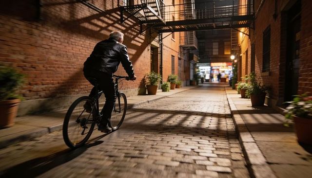 Senior man cycling through cobblestone alley under fire escape shadows at night