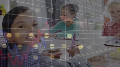 Children Studying with Financial Data Overlay, Merging Education and Technology